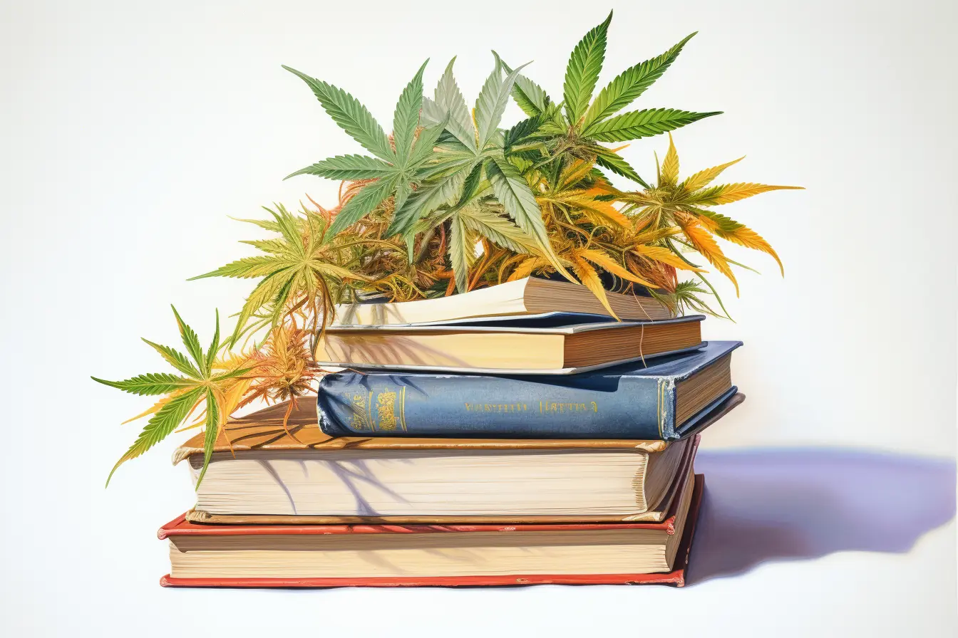 Cannabisblätter liegen auf einem sorgsam aufgebauten Stapel von Büchern.